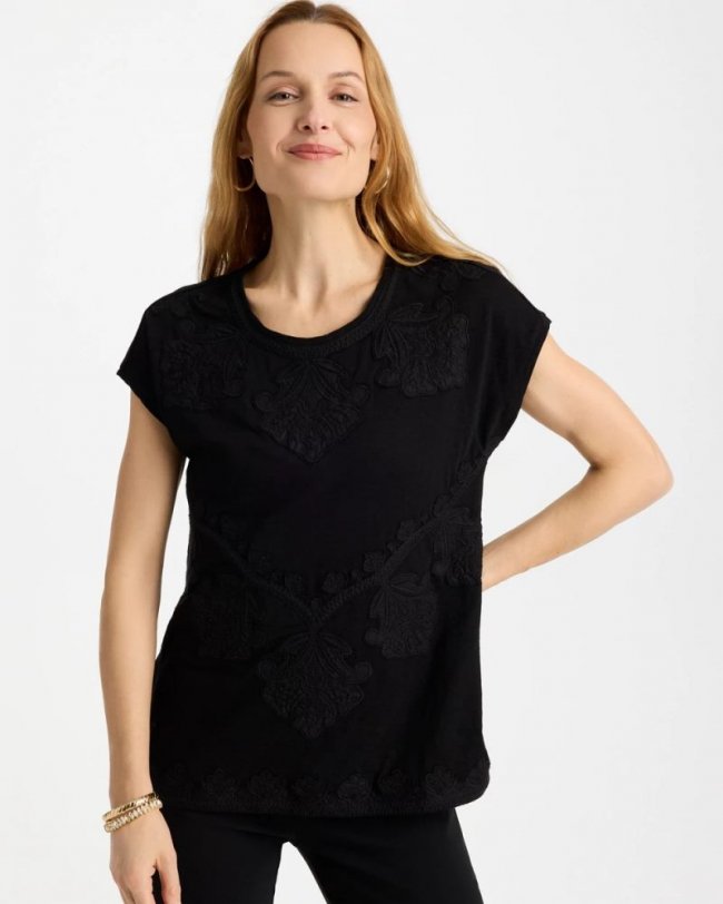 Chicos Monochrome Embroidered Cap-Sleeve Tee - BLACK