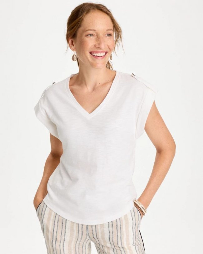 Chicos Cotton Slub Epaulette Tee - ALABASTER