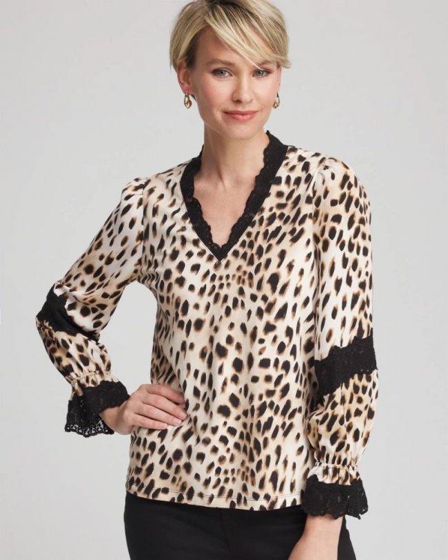 Chicos Animal Print Long-Sleeved Top - ENGLISH CREAM