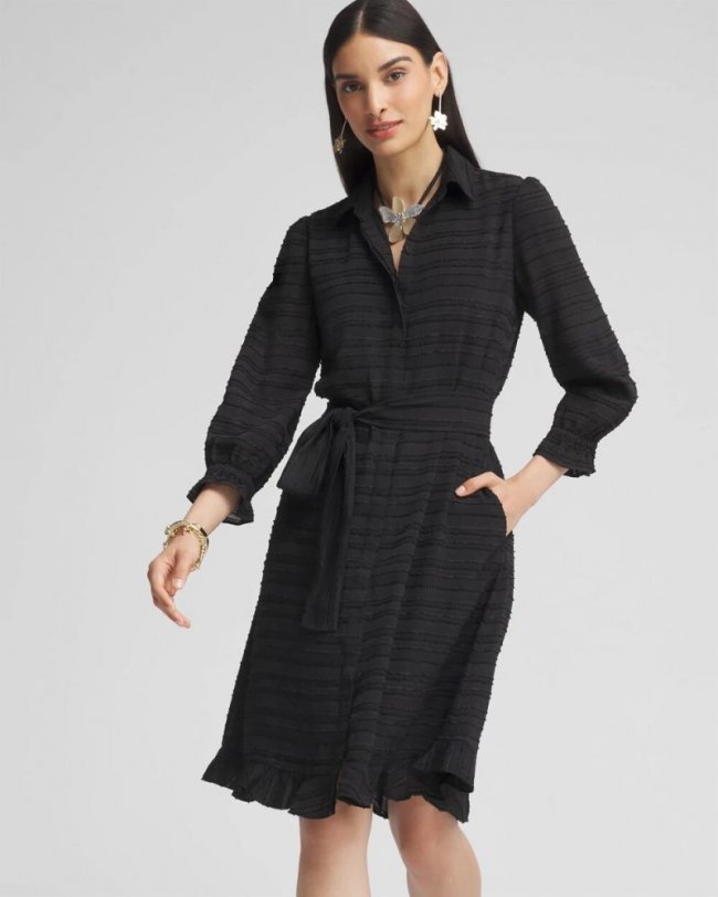 Chicos Ruffle Hem Shirt Dress - BLACK