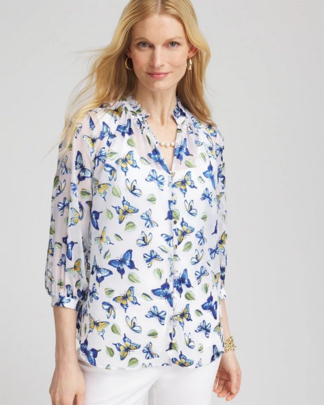 Chicos Ruffle Collar Butterfly Burnout Blouse - BLUE CASA