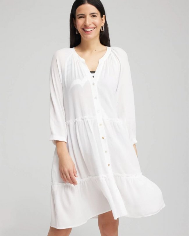 Chicos Button Front Swim Coverup - ALABASTER
