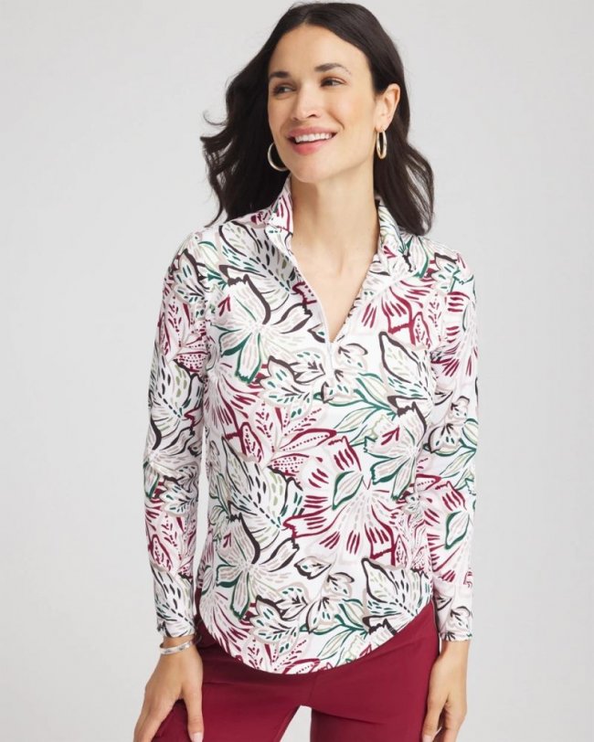 Chicos Zenergy® UPF Floral Mockneck Golf Top - RUSSET RED
