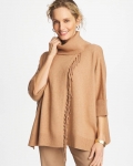 Chicos Cowlneck Knit Fringe Poncho - FAUX CREME COFFEE HEATHER