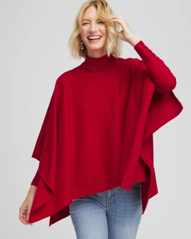 Chicos Rhinestone Embellished Poncho - CARMINE RED