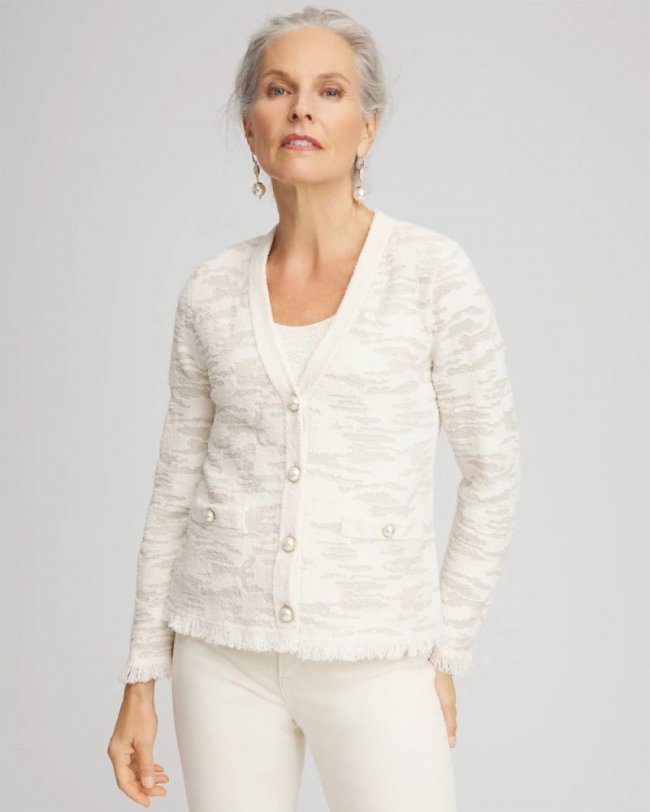 Chicos Fringe Textured V-Neck Cardigan - ENGLISH CREAM