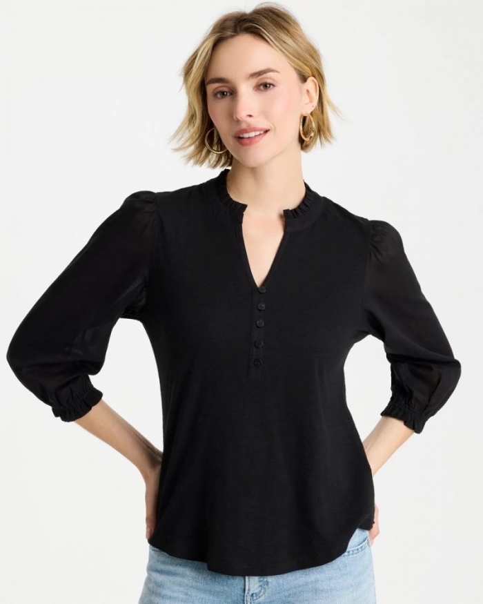 Chicos Ruffled V-Neck 3/4 Sleeve Top - BLACK