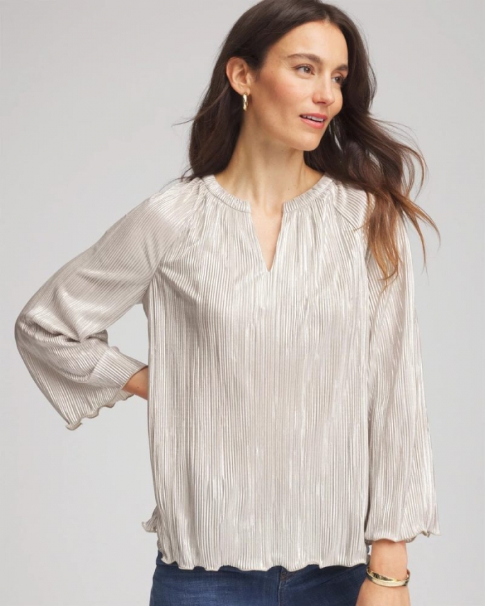 Chicos Foiled Pleated V-Neck Tee - CHAMPAGNE