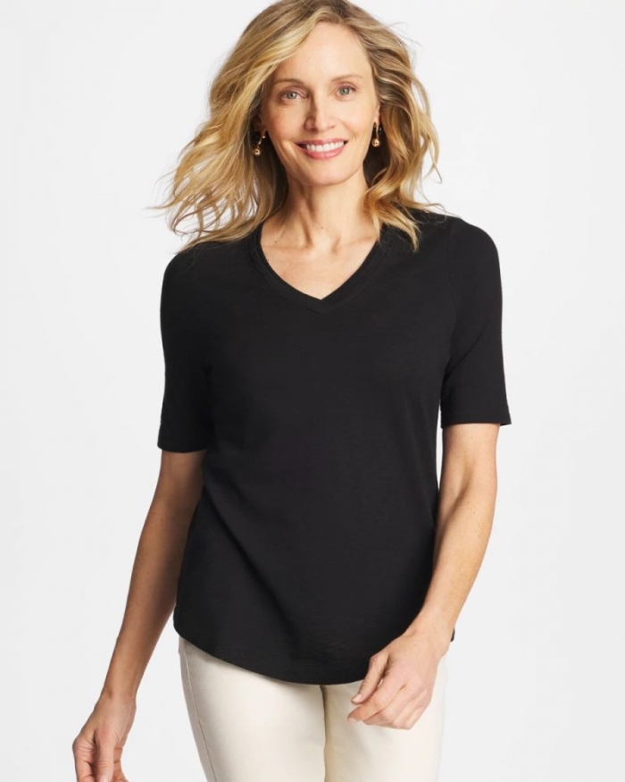 Chicos Cotton Slub V-Neck Tee - BLACK