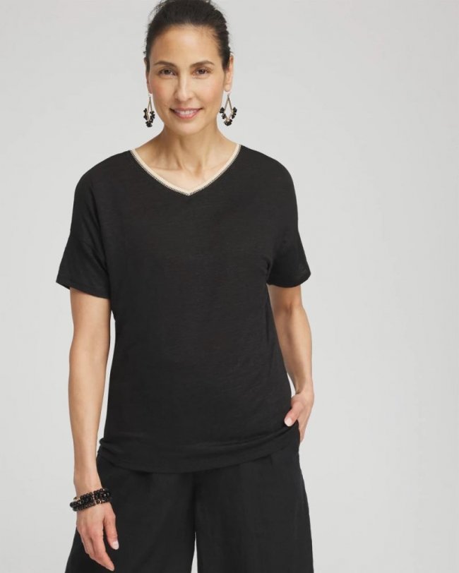 Chicos Sweater Trim Linen Tee - BLACK