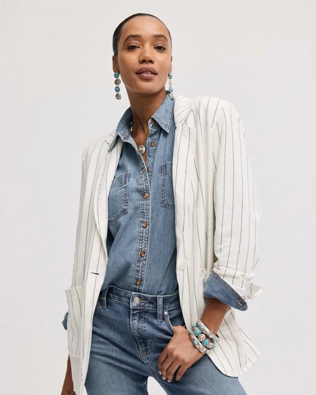 Chicos Linen-Blend Striped Boyfriend Blazer - ECRU