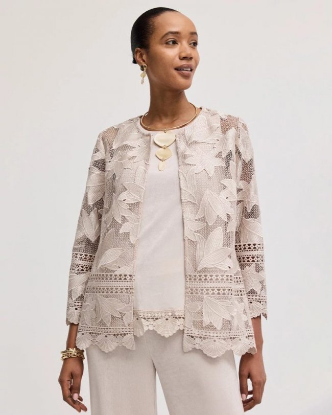 Chicos Travelers™ Collection Scallop Lace Jacket - SMOKEY TAUPE