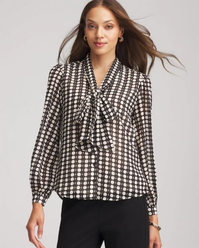 Chicos Clip-Dot Tie-Front Blouse - BLACK