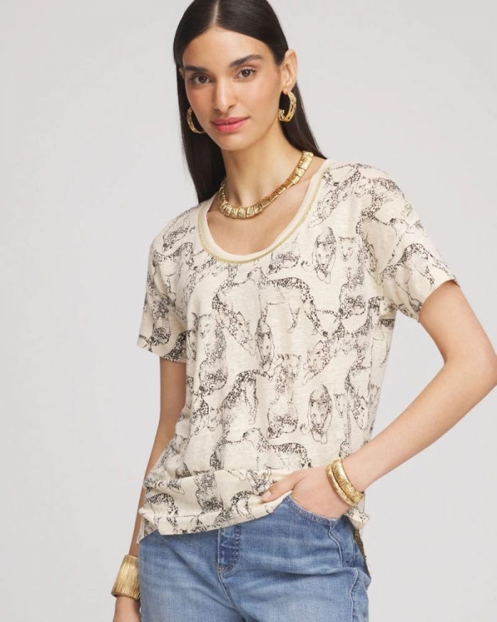 Chicos Panther Sweater-Trim Linen Tee - GLISTENING SAND
