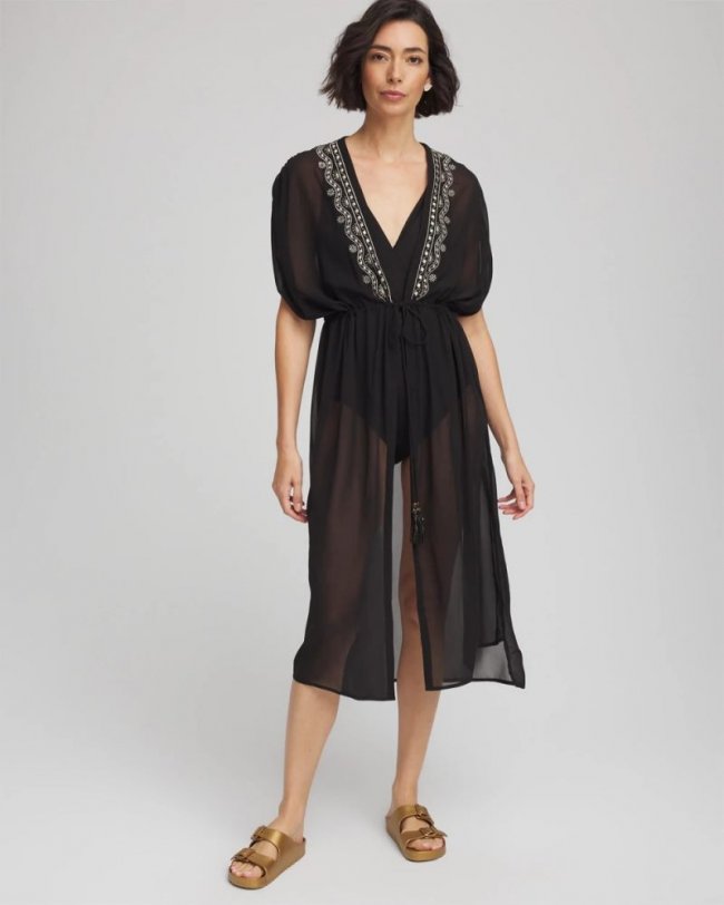 Chicos Miraclesuit® Beach Embroidered Long Kimono - BLACK