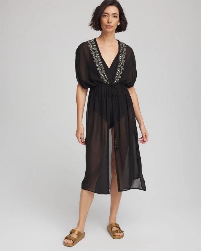 Chicos Miraclesuit® Beach Embroidered Long Kimono - BLACK