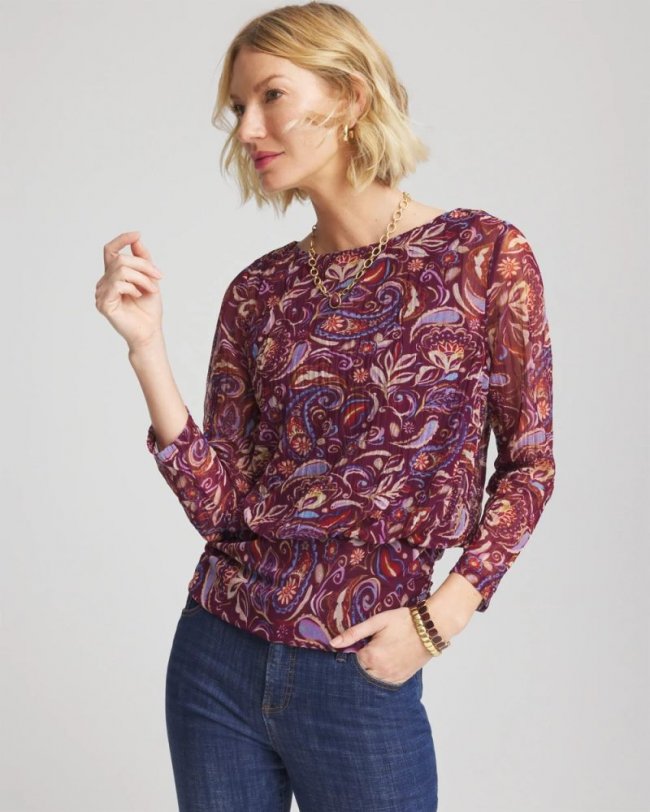 Chicos Paisley Textured Banded-Hem Top - DEEP CHIANTI