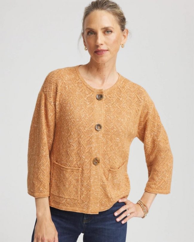 Chicos Tweed Cropped Sweater - BURNT SIENNA