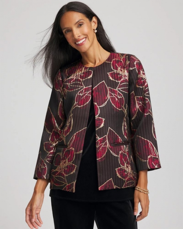 Chicos Travelers™ Collection Jacquard Foiled Floral Jacket - RED