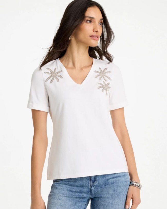 Chicos Cotton Stretch Palm Sequin Tee - ALABASTER