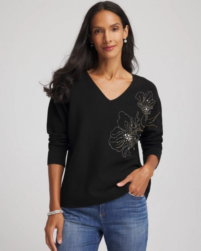 Chicos Floral Embellished Dolman V-Neck Pullover - BLACK