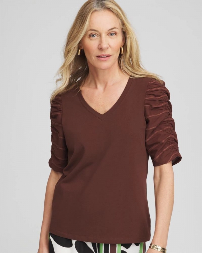 Chicos Ruched Sleeve V-Neck Tee - CACAO