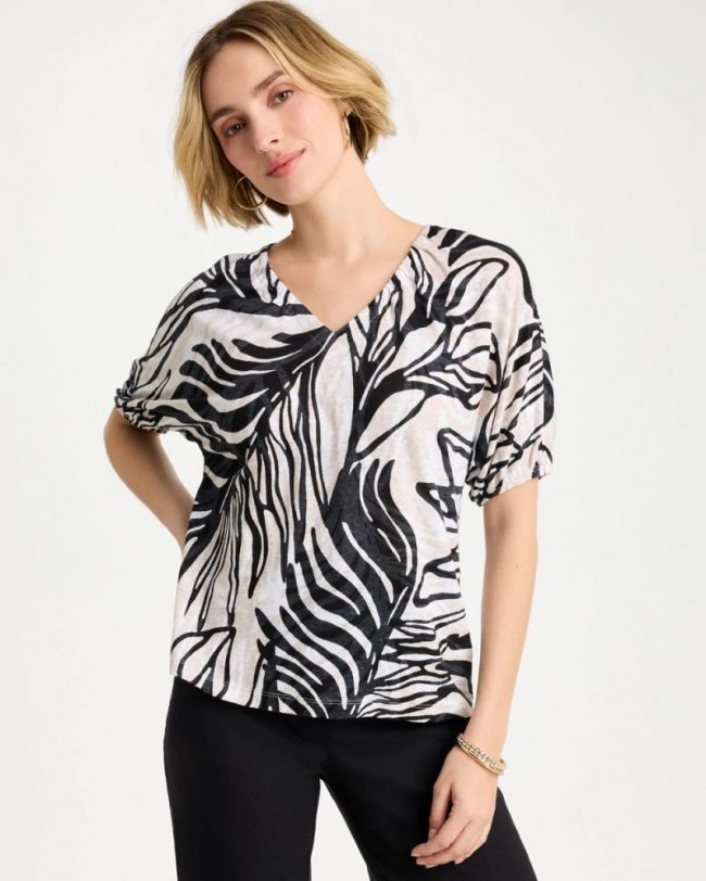 Chicos Tropical Nights Linen Ruched V-Neck Tee - SMOKEY TAUPE