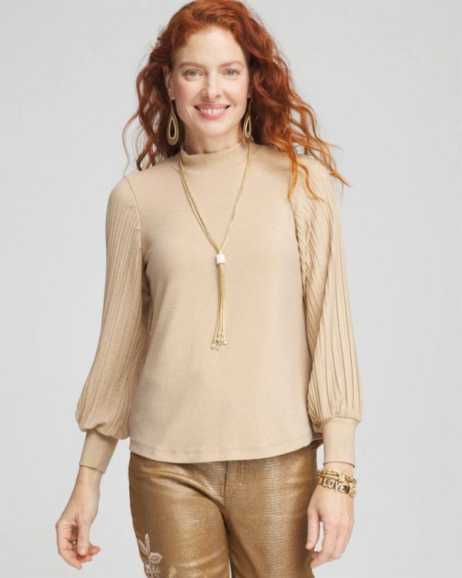Chicos Shimmer Mock-Neck Top - CHAMPAGNE