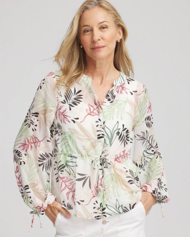 Chicos Drawstring Crinkle Chiffon Blouse - CAFE AROMA