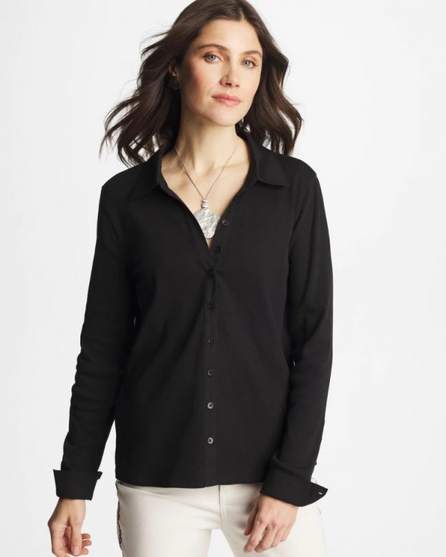 Chicos Collared Rib Mix Henley - BLACK