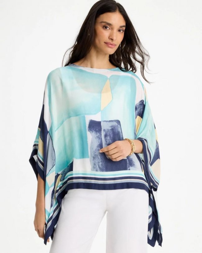Chicos Woven Crepe Artisanal Poncho - PASSPORT BLUE
