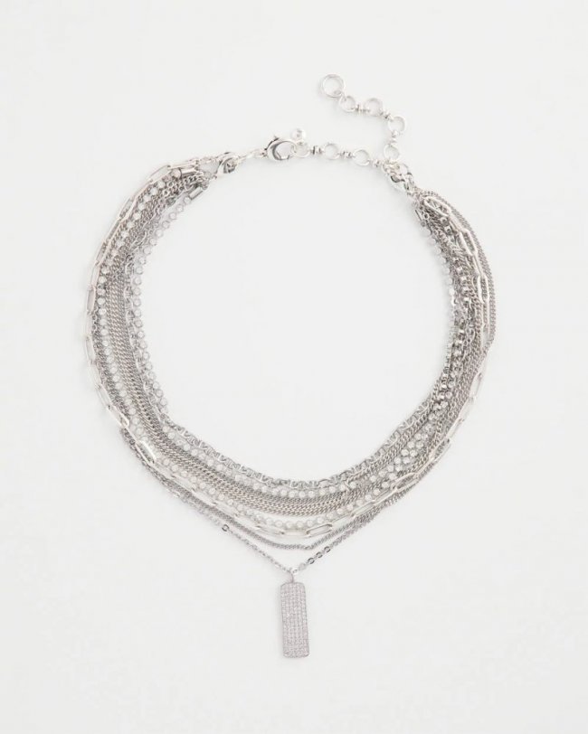 Chicos Silver Tone Pave Multistrand Necklace - SILVER