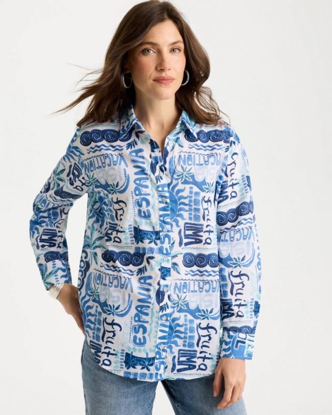 Chicos Cotton Voile Collared Beach Shirt - BONDI BLUE