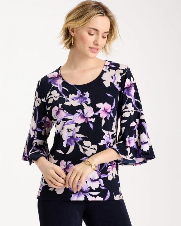 Chicos Travelers™ Amethyst Iris Flounce-Sleeve Top - TRAVELERS INDIA INK
