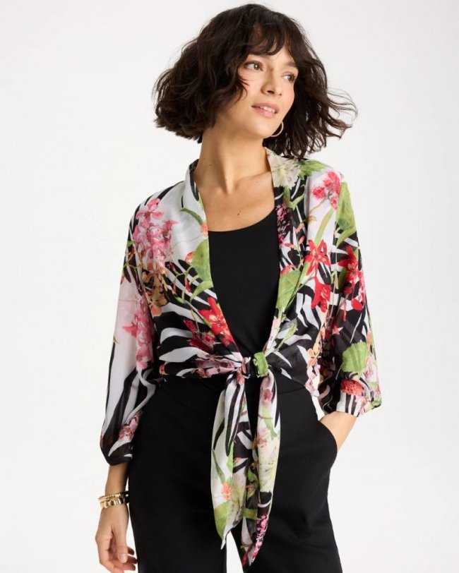 Chicos Georgette Tie-Front Kimono - BLACK