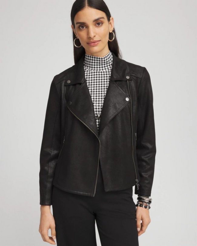 Chicos Stretch Faux Suede Moto Jacket - BLACK