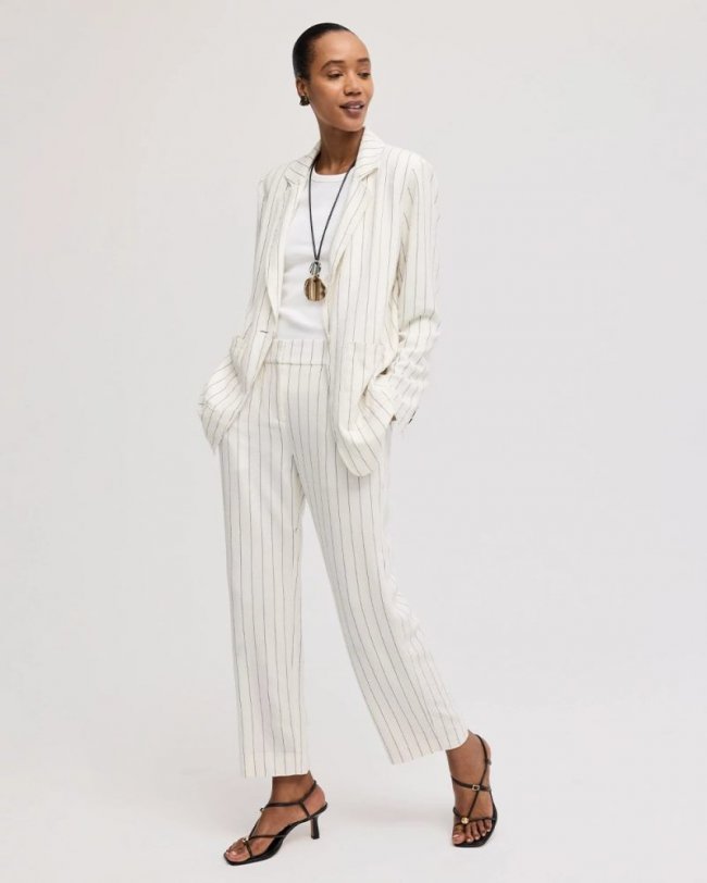 Chicos Striped Linen Wide-Leg Ankle Pants - ECRU