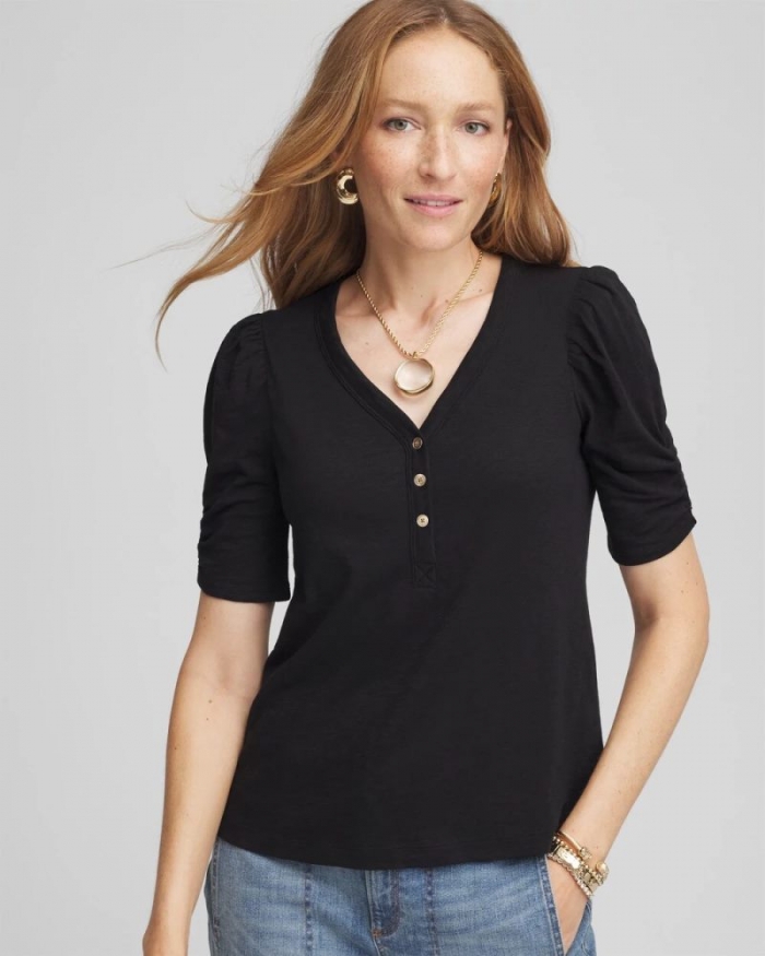 Chicos Slub Split Neck Henley Tee - BLACK