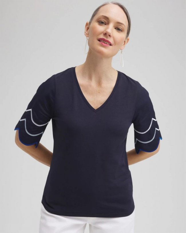 Chicos Embroidered Scallop Sleeve Top - CLASSIC NAVY