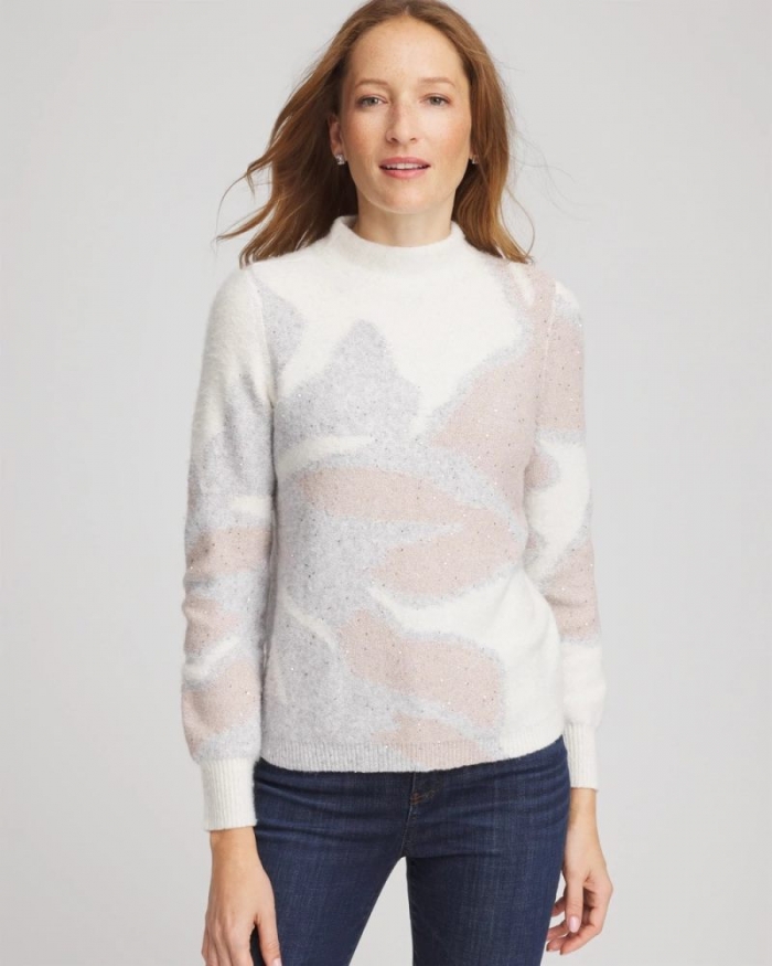 Chicos Bloom Metallic Intarsia Pullover Sweater - BIRCH BARK