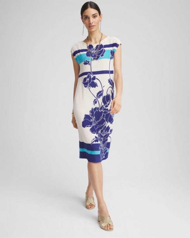 Chicos Travelers™ Wildflower Cap-Sleeved Column Dress - BLUE CASA