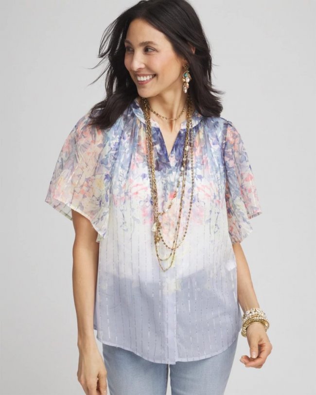 Chicos Jacquard Flutter-Sleeve Blouse - BLUE PEARL