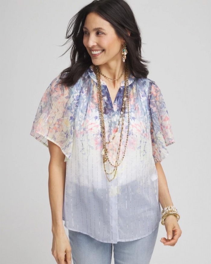 Chicos Jacquard Flutter-Sleeve Blouse - BLUE PEARL