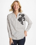 Chicos Striped Poplin Applique Tunic - BLACK