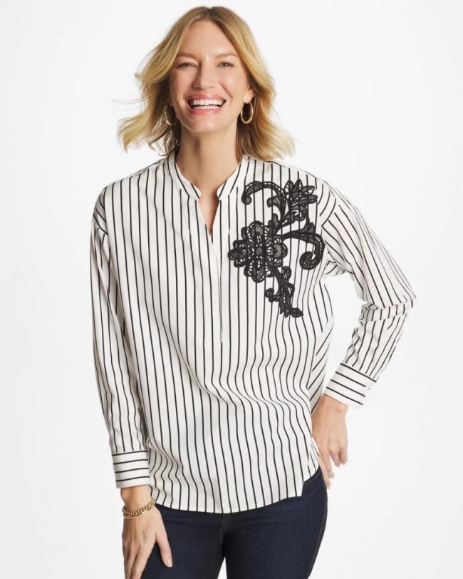 Chicos Striped Poplin Applique Tunic - BLACK