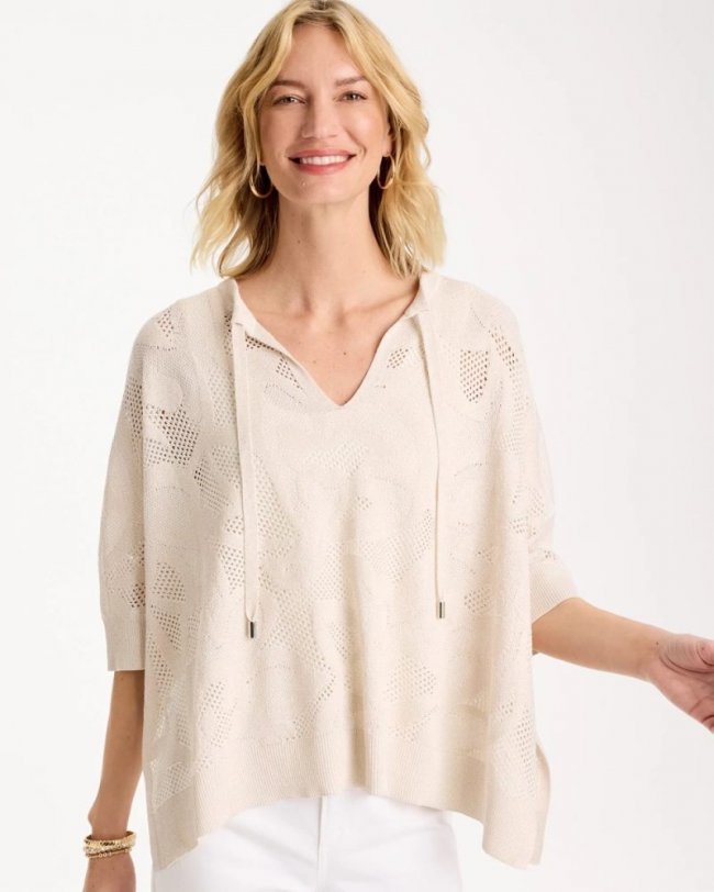 Chicos Crochet Lace Notch Neck Poncho - ECRU