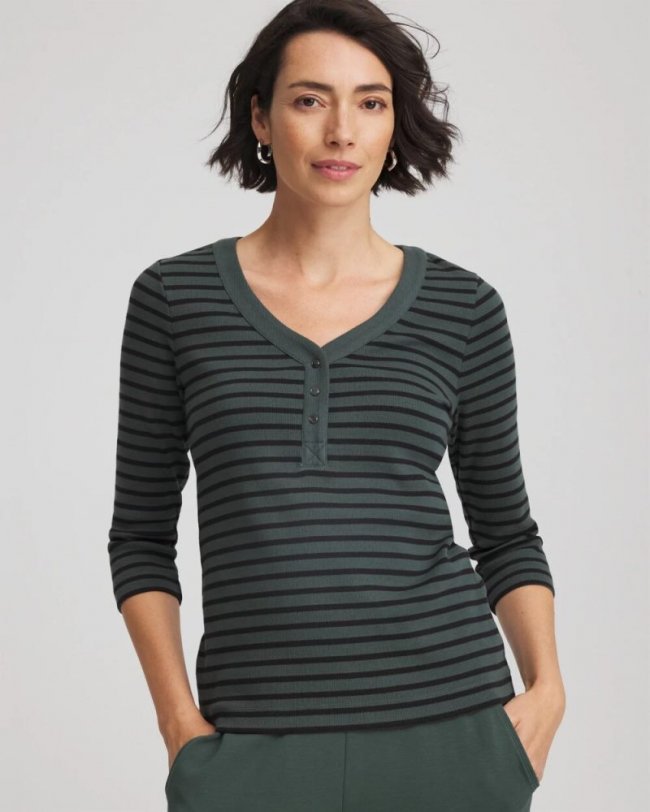 Chicos Zenergy® Ribbed Striped Henley Tee - DARKEST SPRUCE