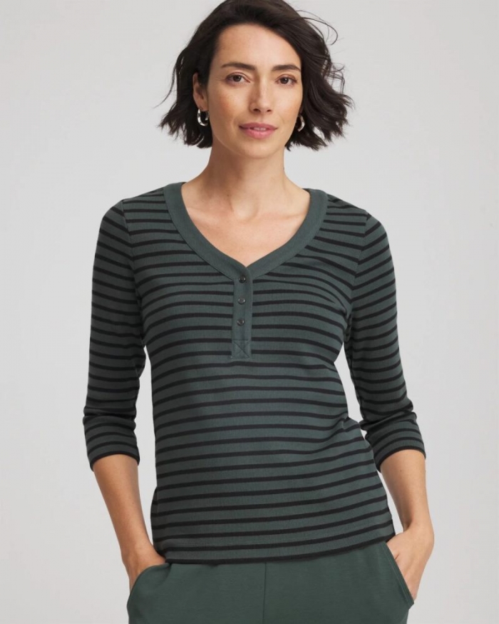 Chicos Zenergy® Ribbed Striped Henley Tee - DARKEST SPRUCE