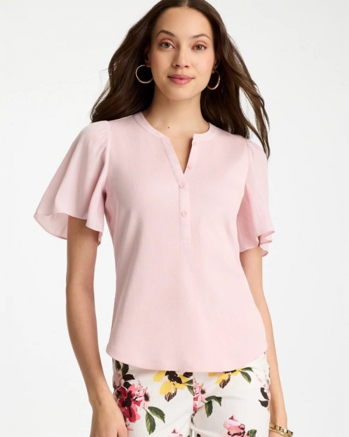 Chicos Rib Knit Woven Flutter Sleeve Tee - SWEET BLOSSOM