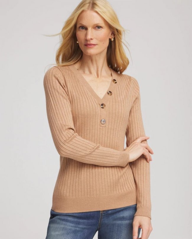 Chicos Ribbed Button Henley Sweater - CREME COFFEE